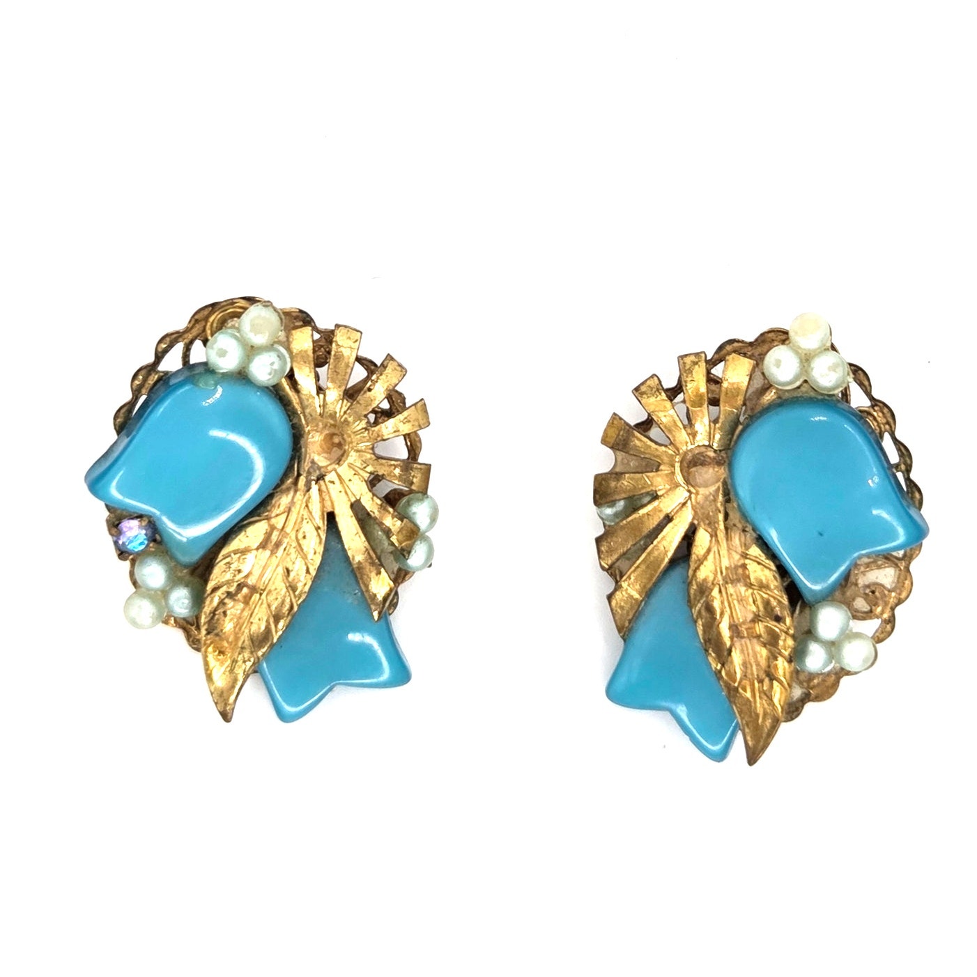 Vintage Gold Tone Leaf Clip Earrings With Aqua Tulips And Faux Pearls